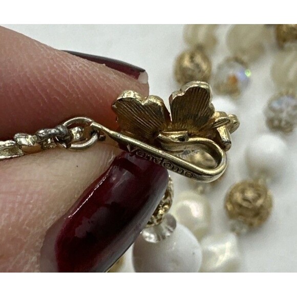 Vendome Coro Necklace Vintage Three 3 Strands Gold Cage Milk Glass Beads - Picture 11 of 12